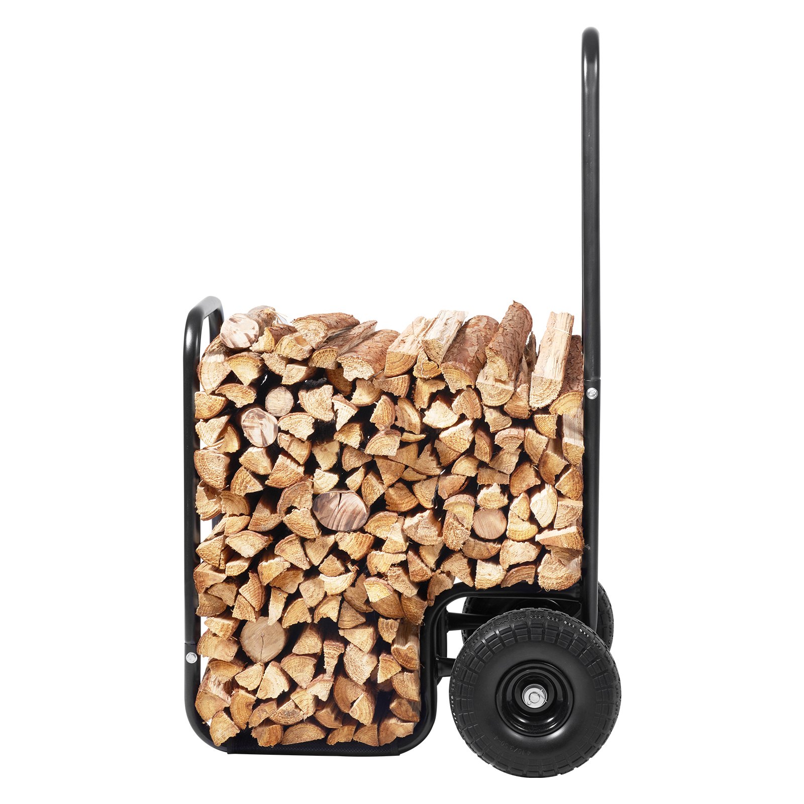 VEVOR firewood log cart filled with neatly stacked firewood, black metal frame, and sturdy wheels.