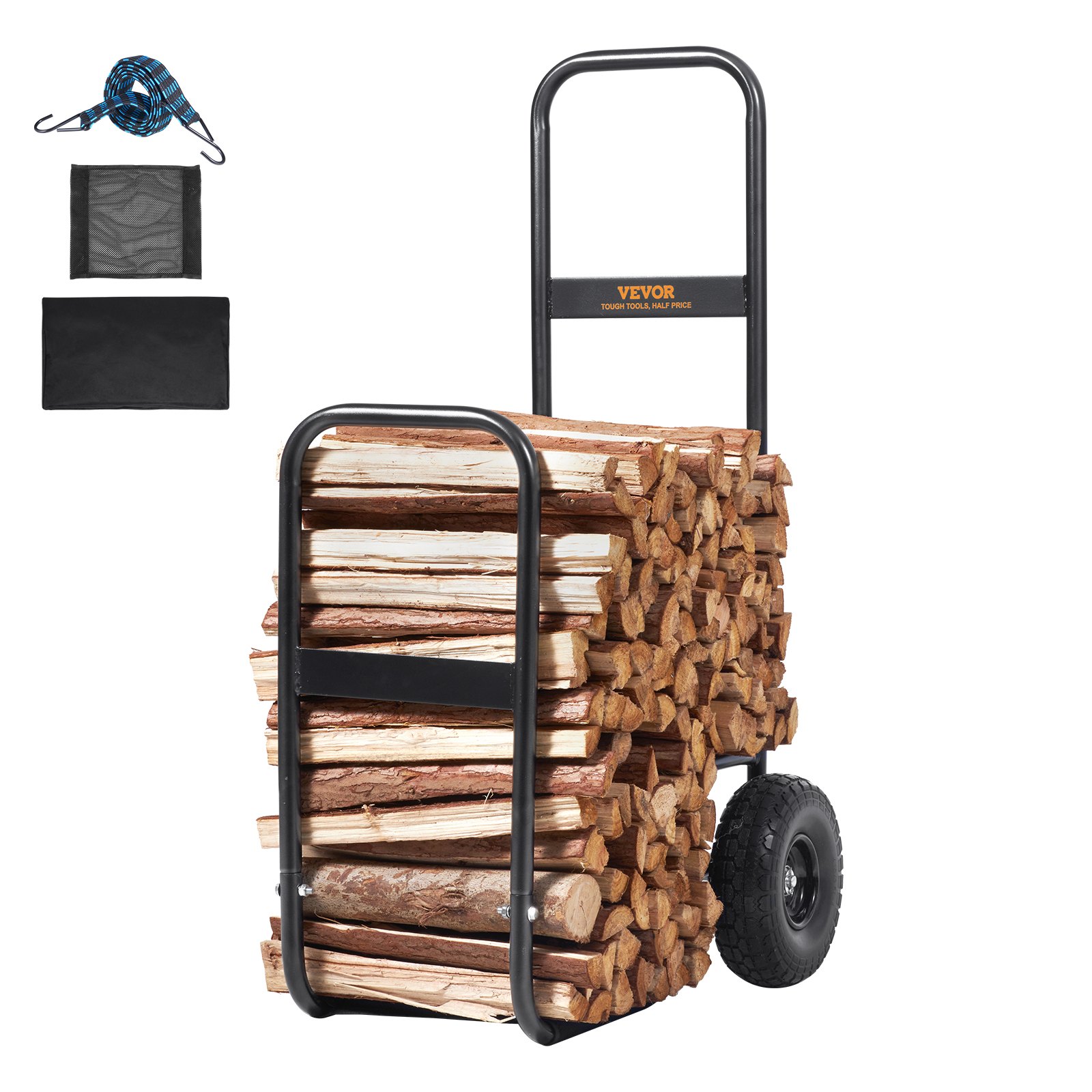 VEVOR firewood log cart loaded with firewood, includes cover and an adjustable strap.