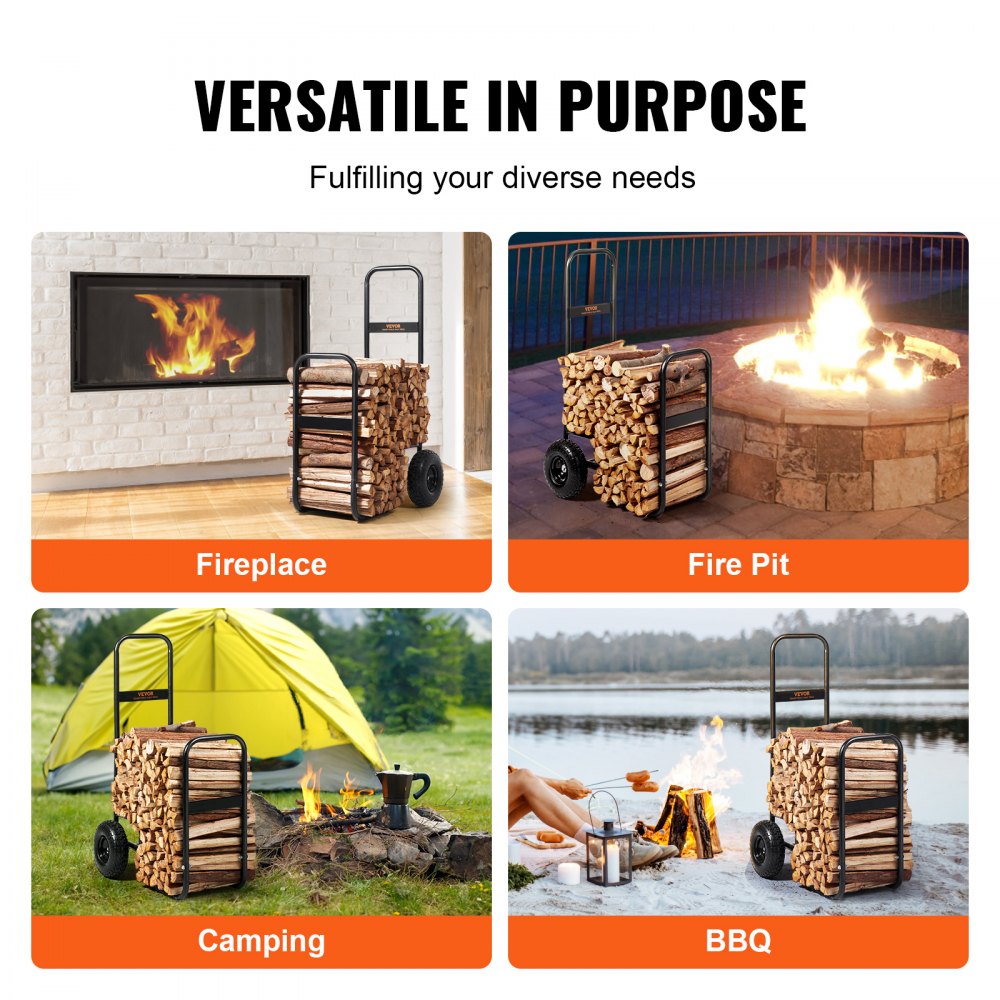 VEVOR firewood log cart for fireplace, fire pit, camping, and bbq uses, fulfilling diverse needs.