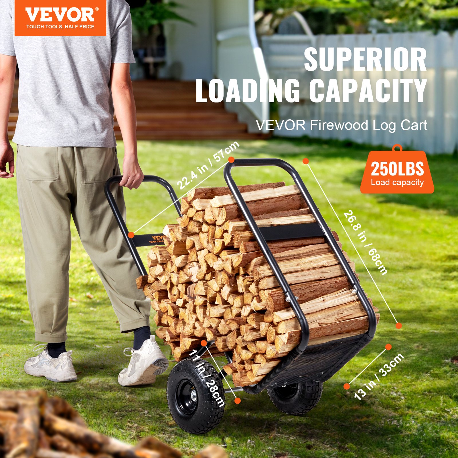 man pulling a VEVOR firewood log cart loaded with logs, showcasing 250lbs load capacity.