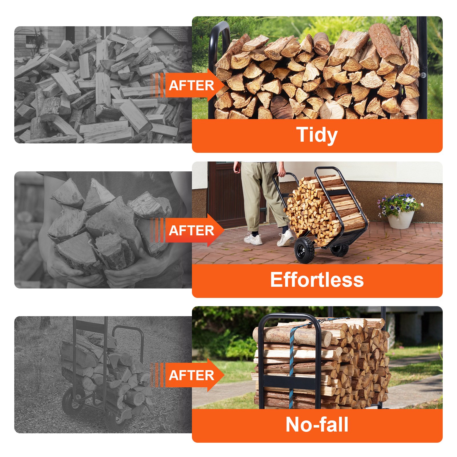 VEVOR firewood log cart showcasing tidy, effortless, and no-fall transport of firewood logs.