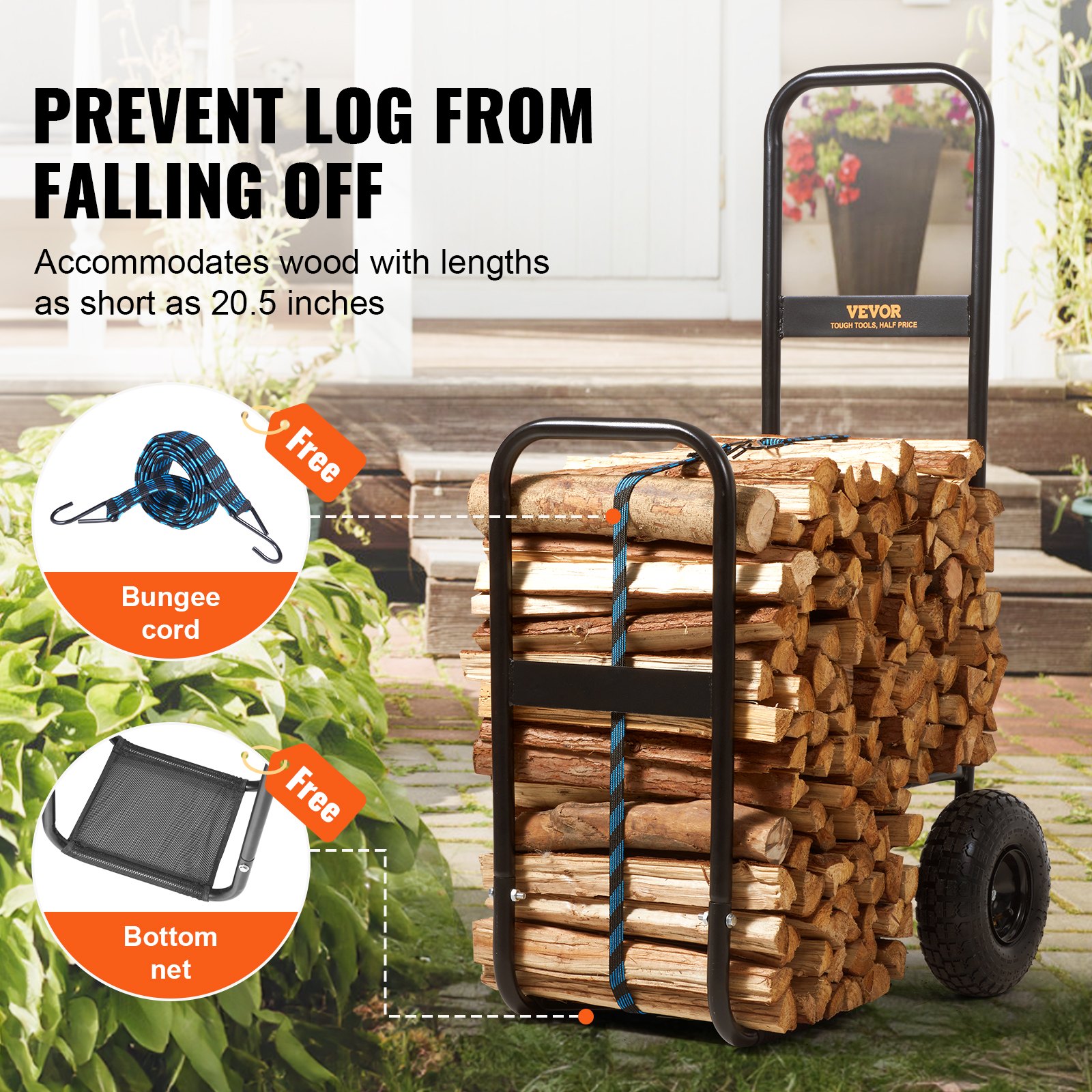 VEVOR firewood log cart loaded with firewood, featuring free bungee cord and bottom net on a porch.