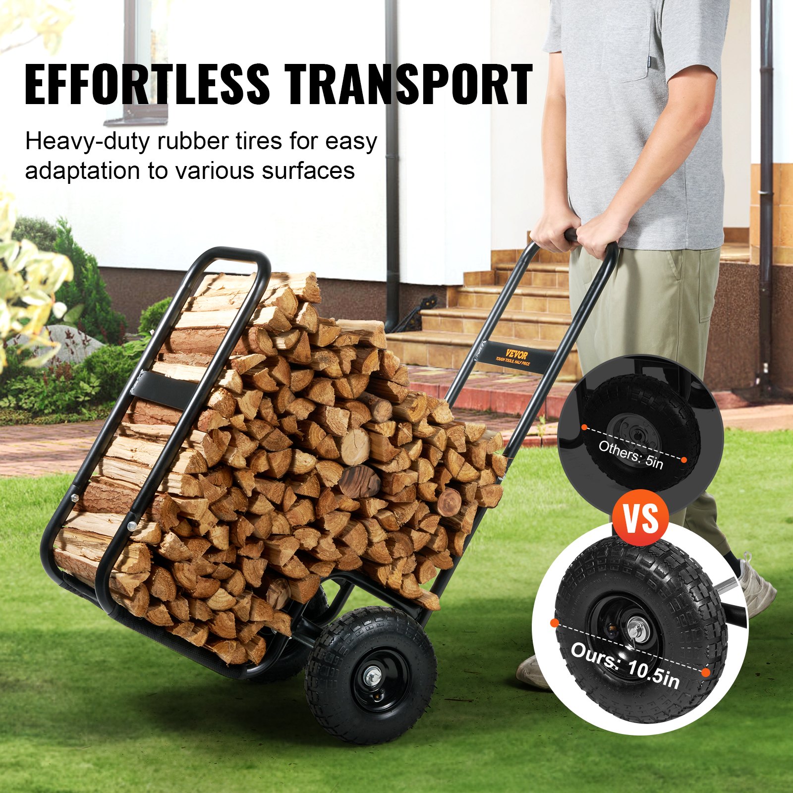 VEVOR firewood log cart with heavy-duty rubber tires for easy transport on various surfaces.