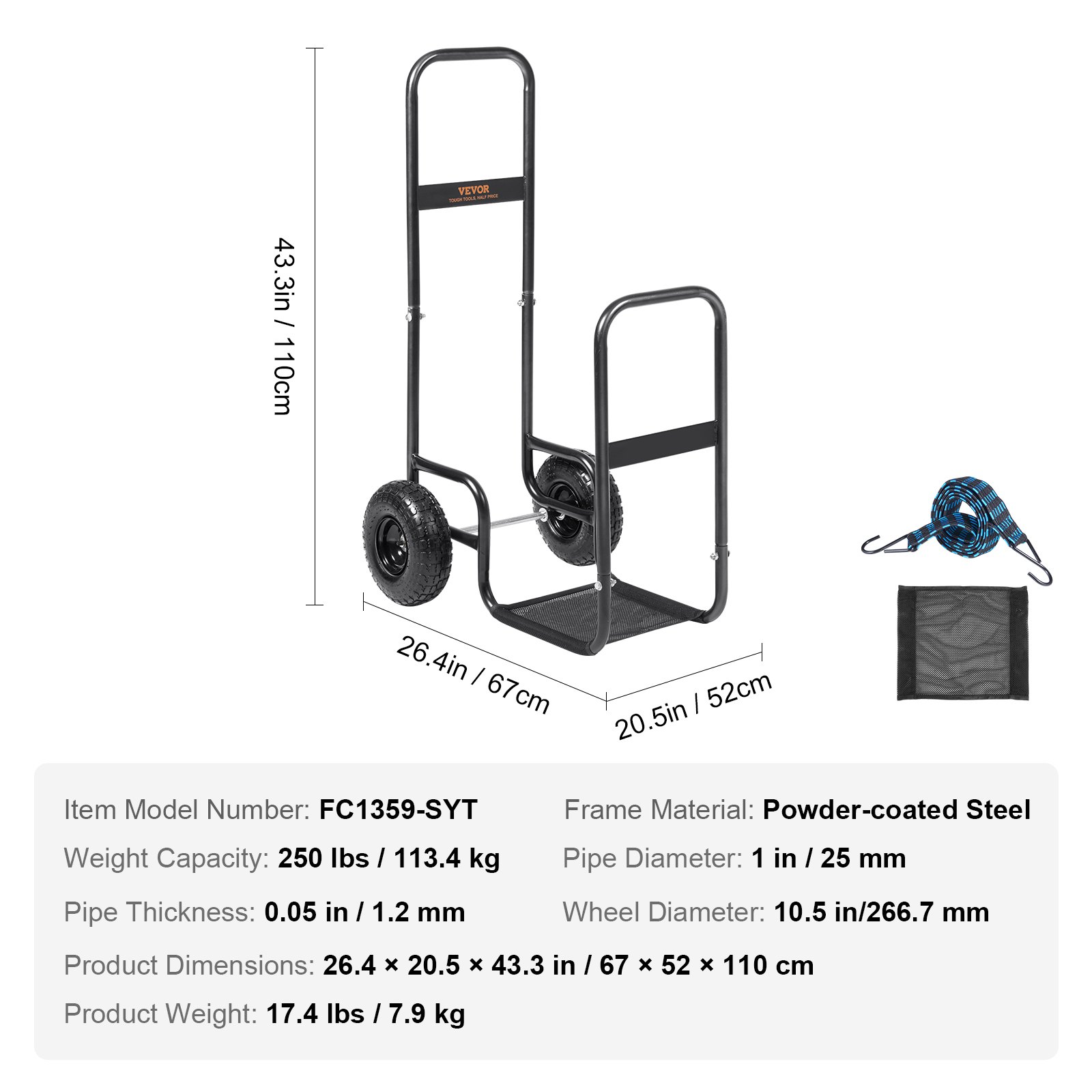 VEVOR firewood log cart with wheels, strap, and net; dimensions and specifications displayed.