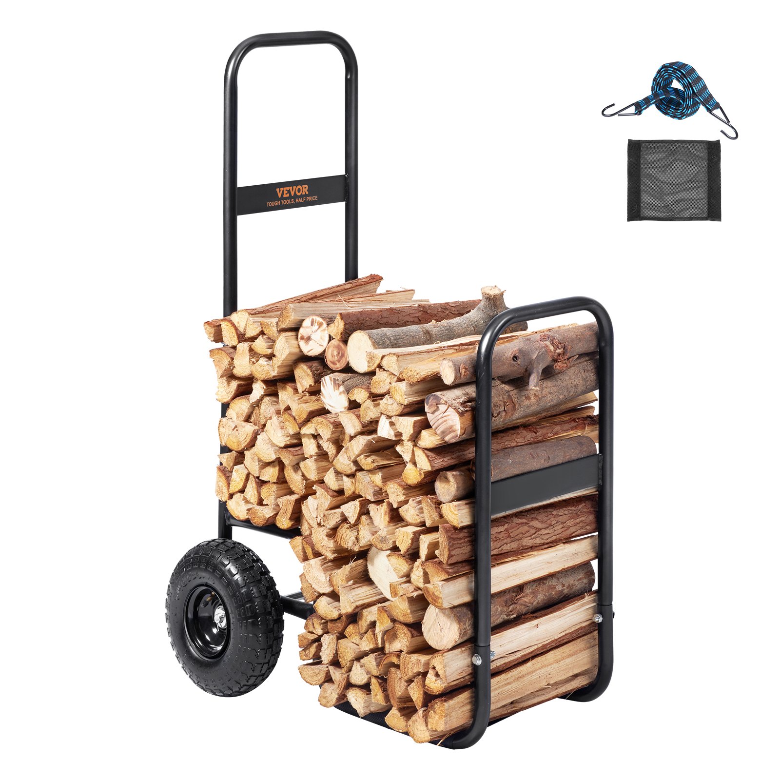 VEVOR firewood log cart loaded with wood, includes a blue rope and black mesh.