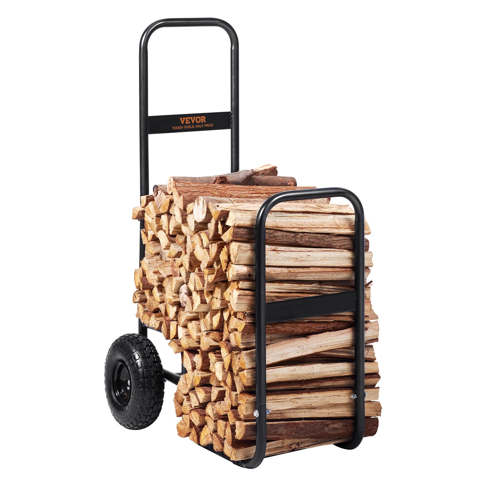 VEVOR firewood log cart loaded with stacked firewood, black frame, and large rubber wheels.