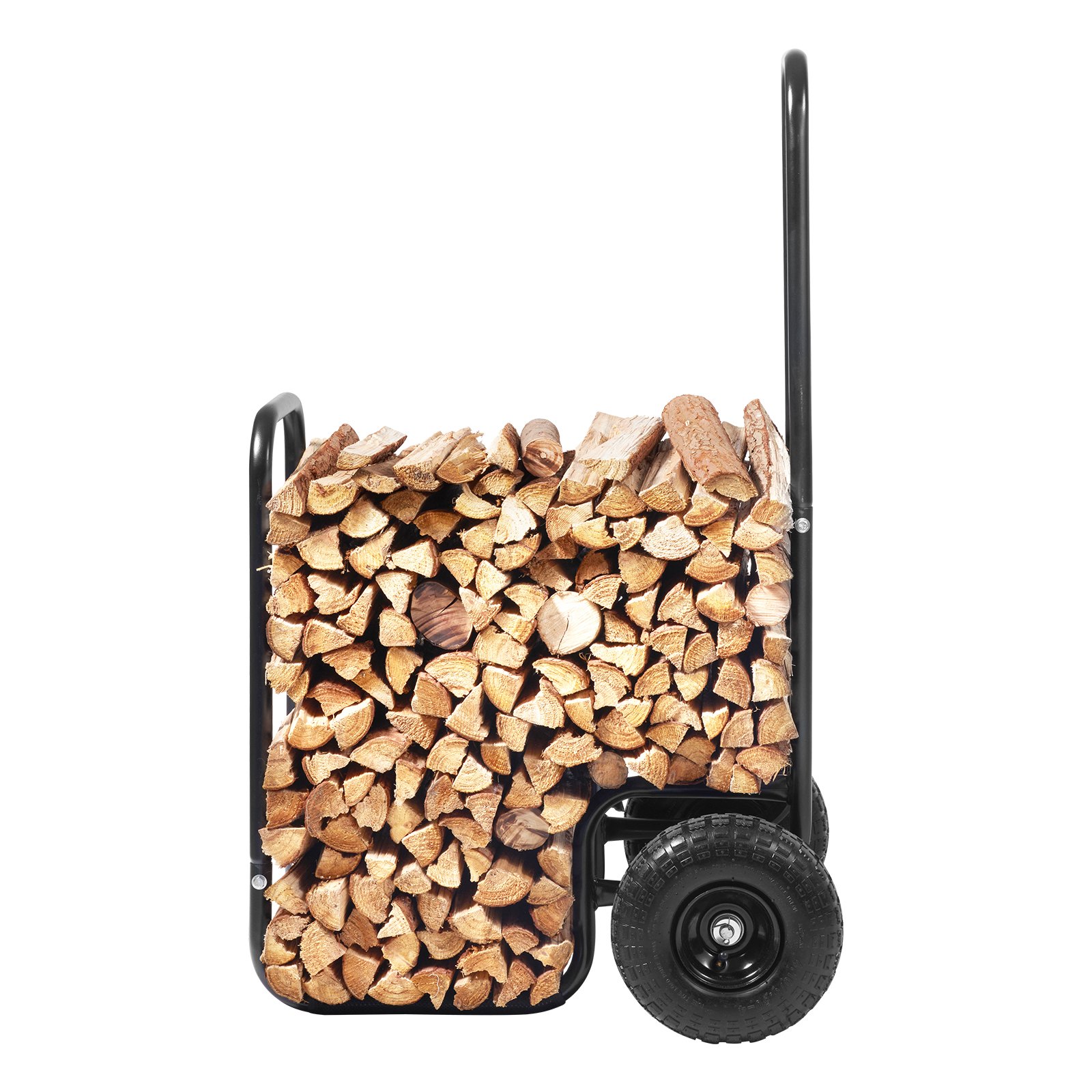black VEVOR firewood log cart loaded with split firewood, featuring large rubber tires.
