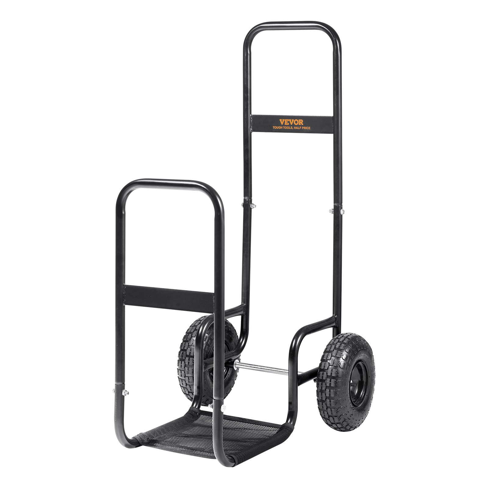 black VEVOR firewood log cart with large wheels and a sturdy metal frame.