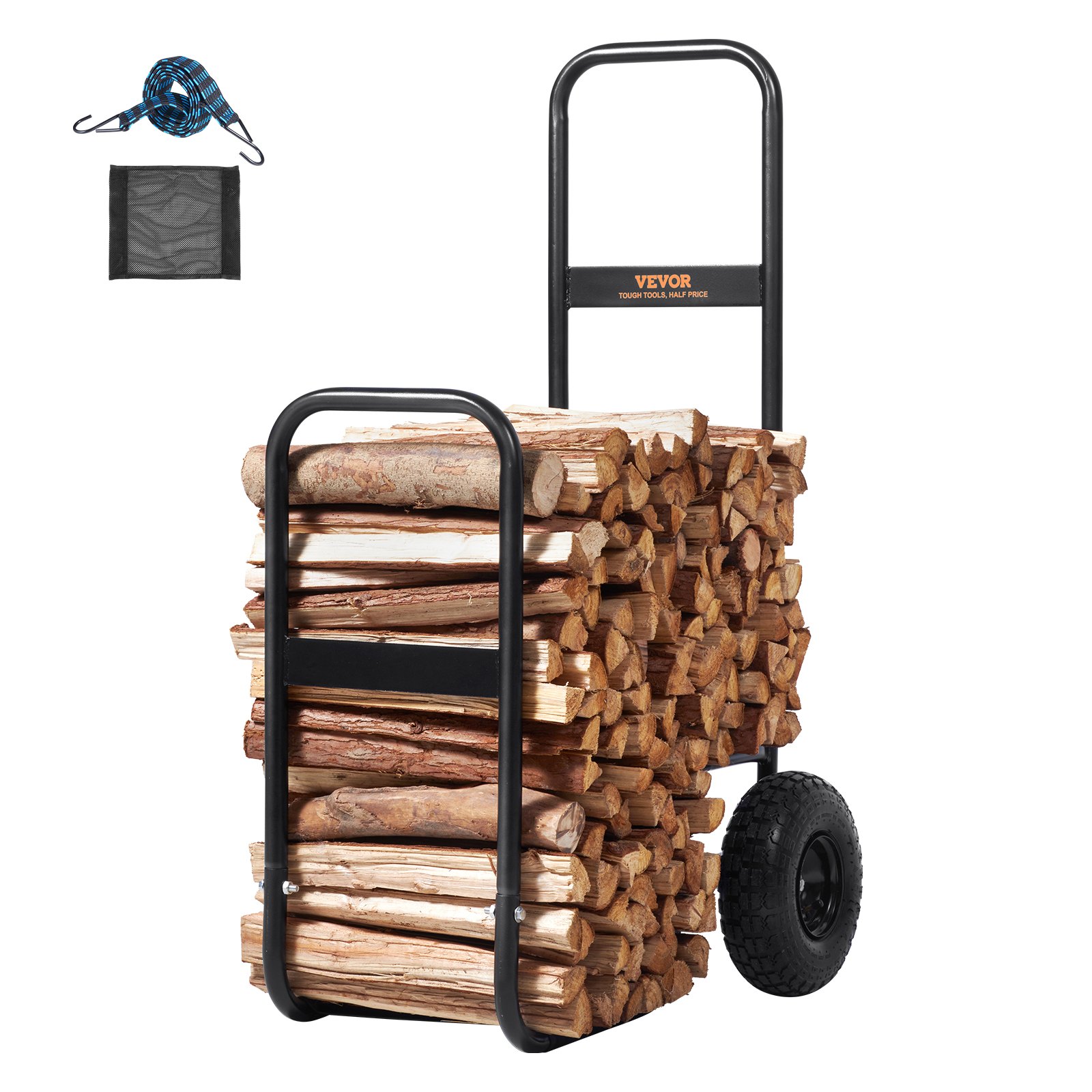 VEVOR firewood log cart loaded with firewood, includes strap and mesh carry bag.