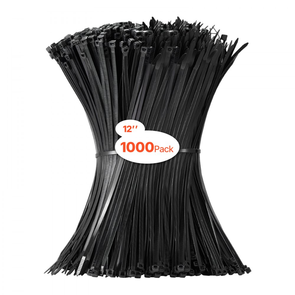 VEVOR 1000 Pack Cable Zip Ties, 12-inch Heavy Duty Cable Wire Ties with 50LBS High Tensile Strength, Multi-Purpose Self-Locking Nylon Tie Wraps, Heat & Cold Resistant for Indoor and Outdoor Use