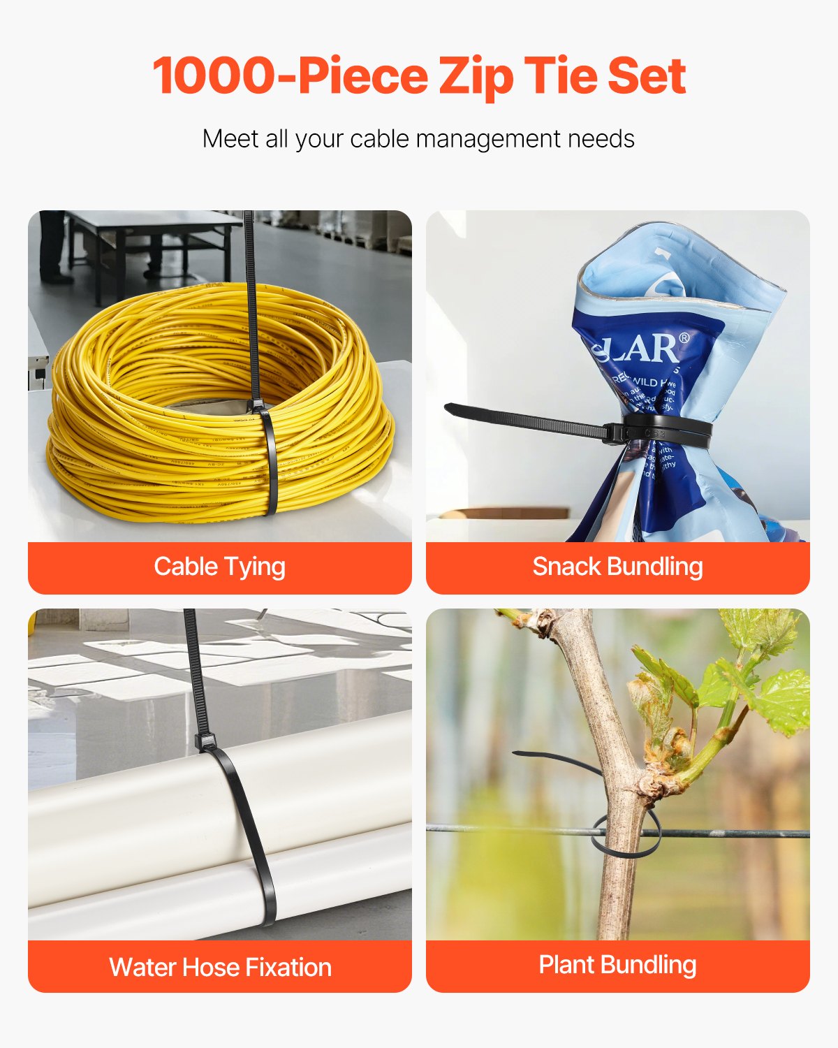 VEVOR 1000 Pack Cable Zip Ties, 12-inch Heavy Duty Cable Wire Ties with 50LBS High Tensile Strength, Multi-Purpose Self-Locking Nylon Tie Wraps, Heat & Cold Resistant for Indoor and Outdoor Use