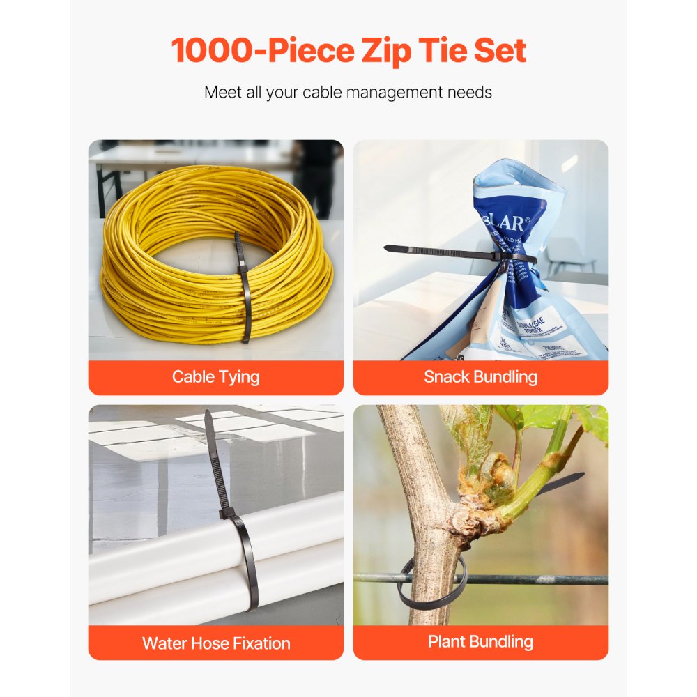 VEVOR 1000 Pack Cable Zip Ties, 8-inch Heavy Duty Cable Wire Ties with 45LBS High Tensile Strength, Multi-Purpose Self-Locking Nylon Tie Wraps, Heat & Cold Resistant for Indoor and Outdoor Use