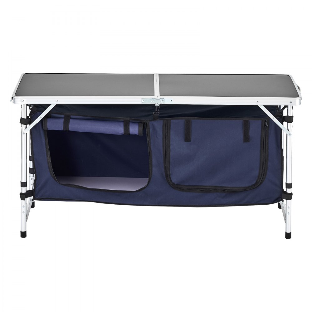 VEVOR Camping Kitchen Table, Folding Outdoor Cooking Table, 3 Adjustable Height, Aluminum Lightweight Portable Cook Station with Storage Organizer, Carry Handle, for BBQ Party Picnic RV Travel, Blue