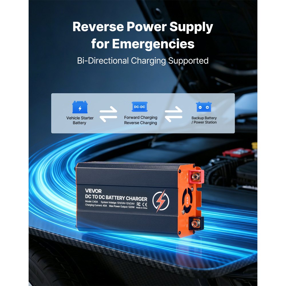 VEVOR DC to DC Battery Charger, 520W, 40A Alternator Charger, Fast DC-DC Charging for Portable Power Stations, Compatible with LiFePO4 Lead-Acid AGM GEL Batteries, for RVs, Cars, Home Backup Power