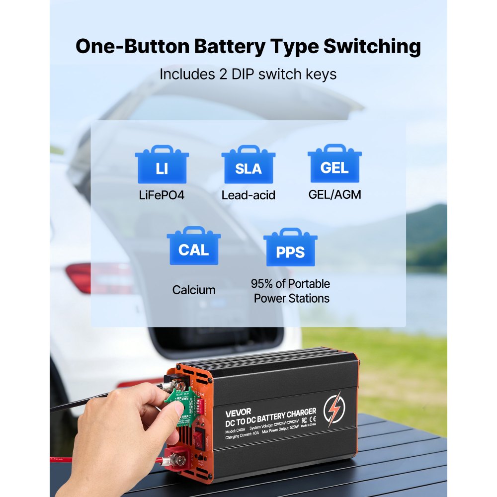 VEVOR DC to DC Battery Charger, 520W, 40A Alternator Charger, Fast DC-DC Charging for Portable Power Stations, Compatible with LiFePO4 Lead-Acid AGM GEL Batteries, for RVs, Cars, Home Backup Power