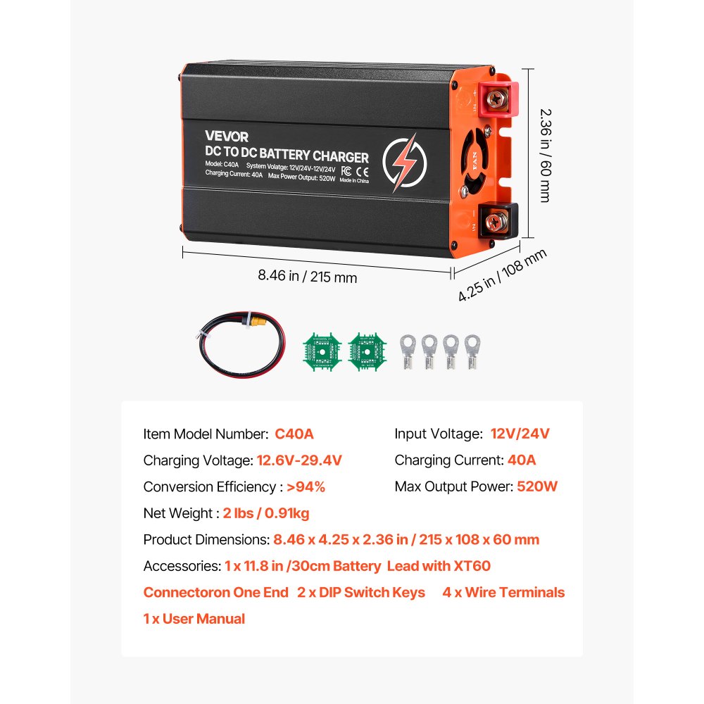 VEVOR DC to DC Battery Charger, 520W, 40A Alternator Charger, Fast DC-DC Charging for Portable Power Stations, Compatible with LiFePO4 Lead-Acid AGM GEL Batteries, for RVs, Cars, Home Backup Power