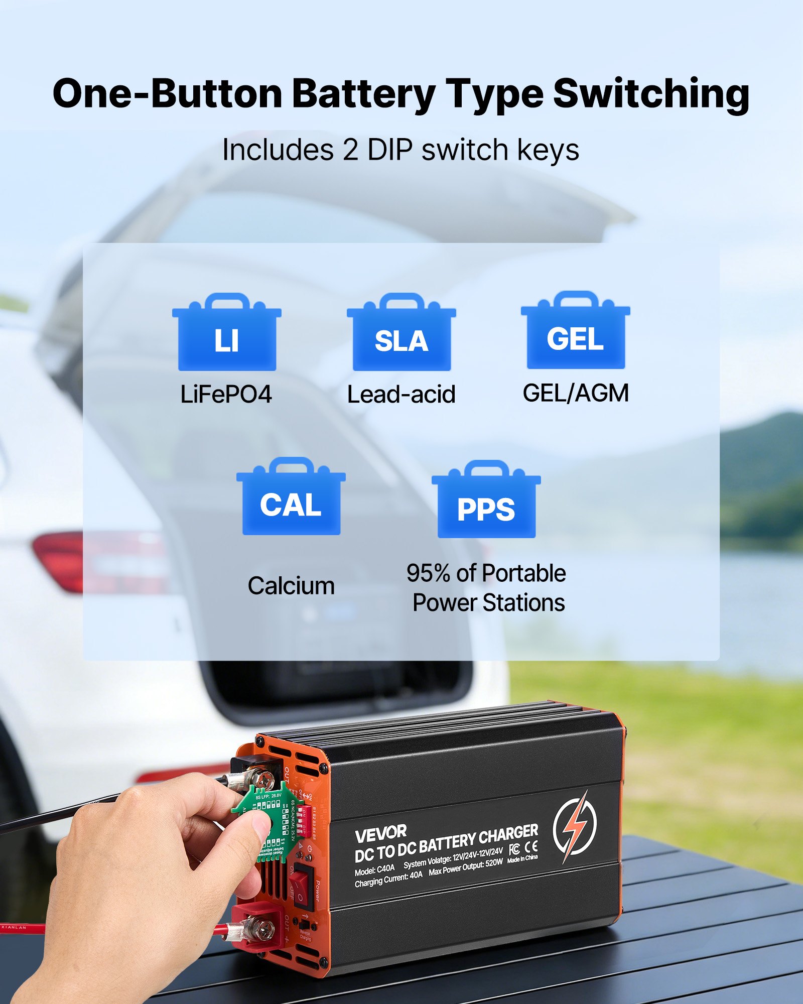 VEVOR DC to DC Battery Charger, 520W, 40A Alternator Charger, Fast DC-DC Charging for Portable Power Stations, Compatible with LiFePO4 Lead-Acid AGM GEL Batteries, for RVs, Cars, Home Backup Power