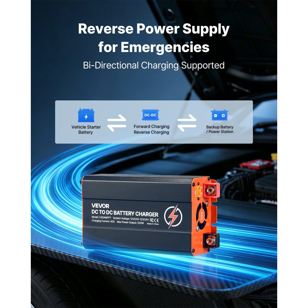 VEVOR DC to DC Charger with MPPT, 520W, 40A On-Board Battery Charger, Solar Panel/Alternator Dual Input, Smart Multi-Stage Charging for LiFePO4 Lead-Acid Batteries, 12V/24V-12V/24V, for RV Home Backup