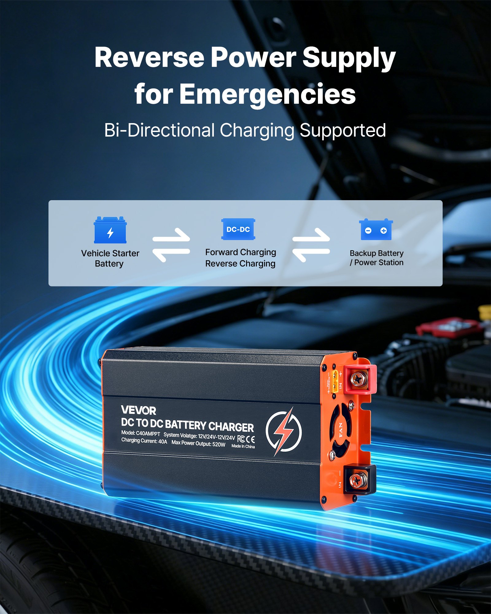 VEVOR DC to DC Charger with MPPT, 520W, 40A On-Board Battery Charger, Solar Panel/Alternator Dual Input, Smart Multi-Stage Charging for LiFePO4 Lead-Acid Batteries, 12V/24V-12V/24V, for RV Home Backup