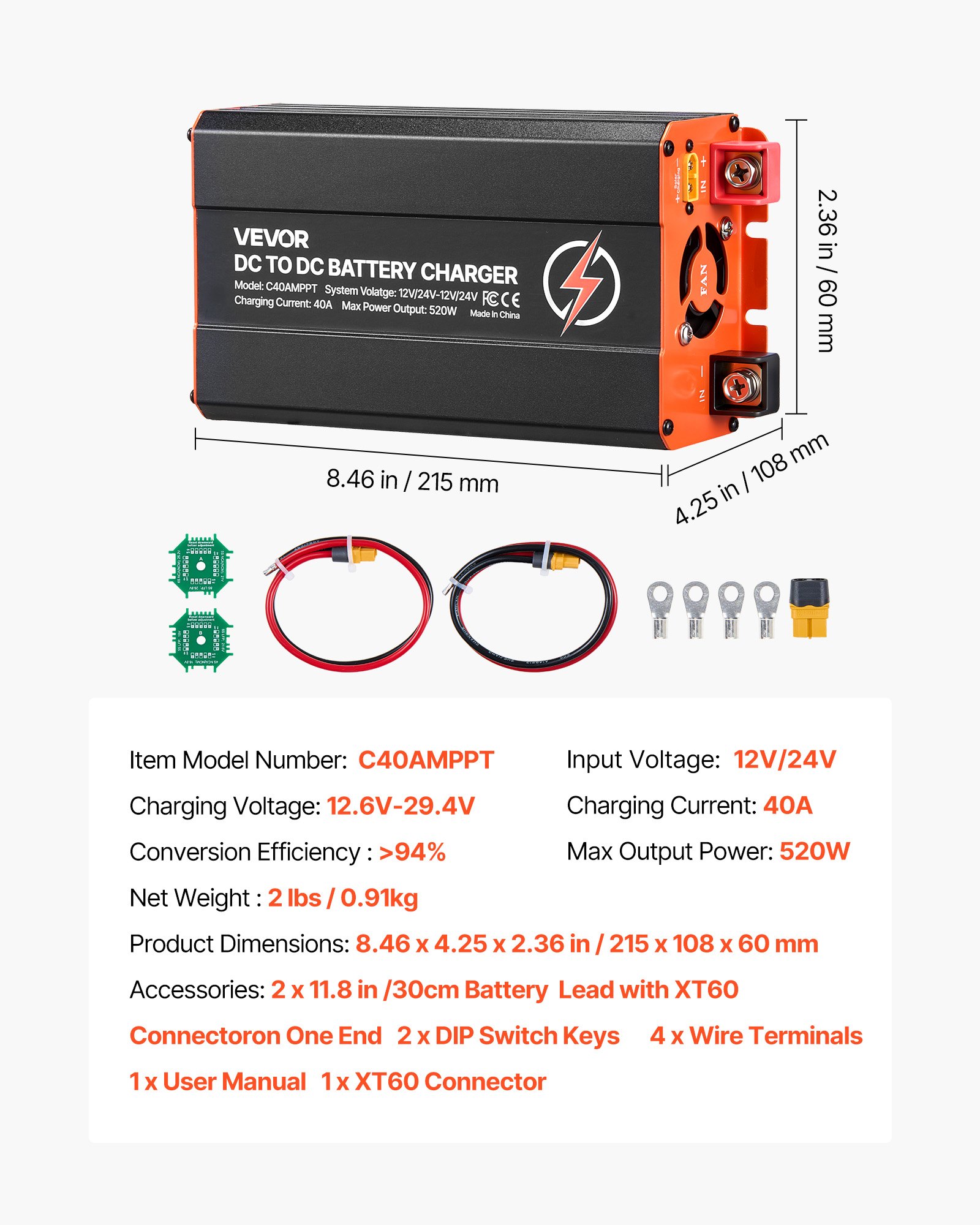 VEVOR DC to DC Charger with MPPT, 520W, 40A On-Board Battery Charger, Solar Panel/Alternator Dual Input, Smart Multi-Stage Charging for LiFePO4 Lead-Acid Batteries, 12V/24V-12V/24V, for RV Home Backup