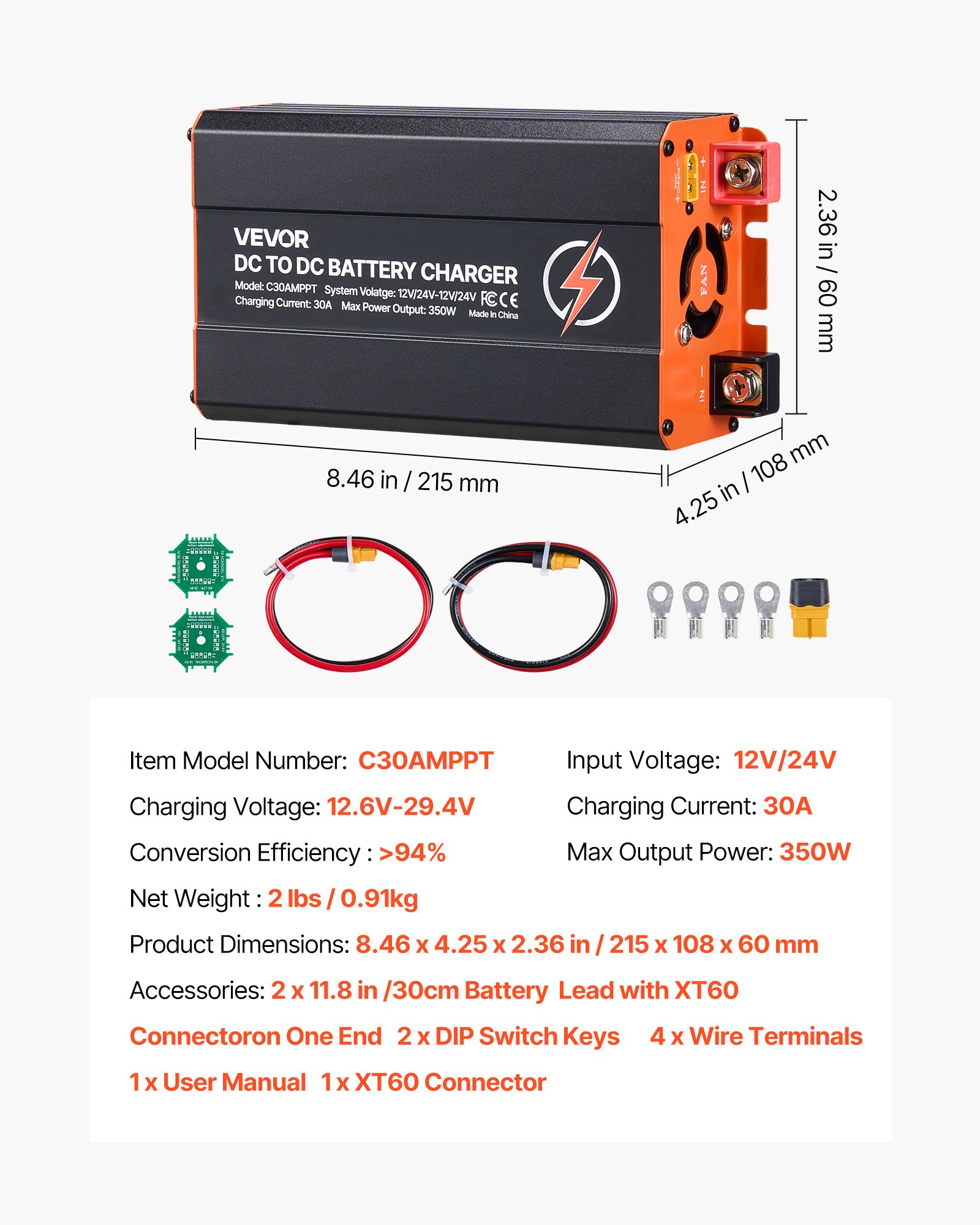 VEVOR DC to DC Charger with MPPT, 350W, 30A On-Board Battery Charger, Solar Panel/Alternator Dual Input, Smart Multi-Stage Charging for LiFePO4 Lead-Acid Batteries, for RVs, Cars, Home Backup Power