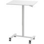white VEVOR mobile standing desk with wheels and adjustable height, sleek and modern design.