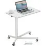 VEVOR mobile standing desk with a laptop, mouse, coffee cup, and tools on a white, wheeled frame.
