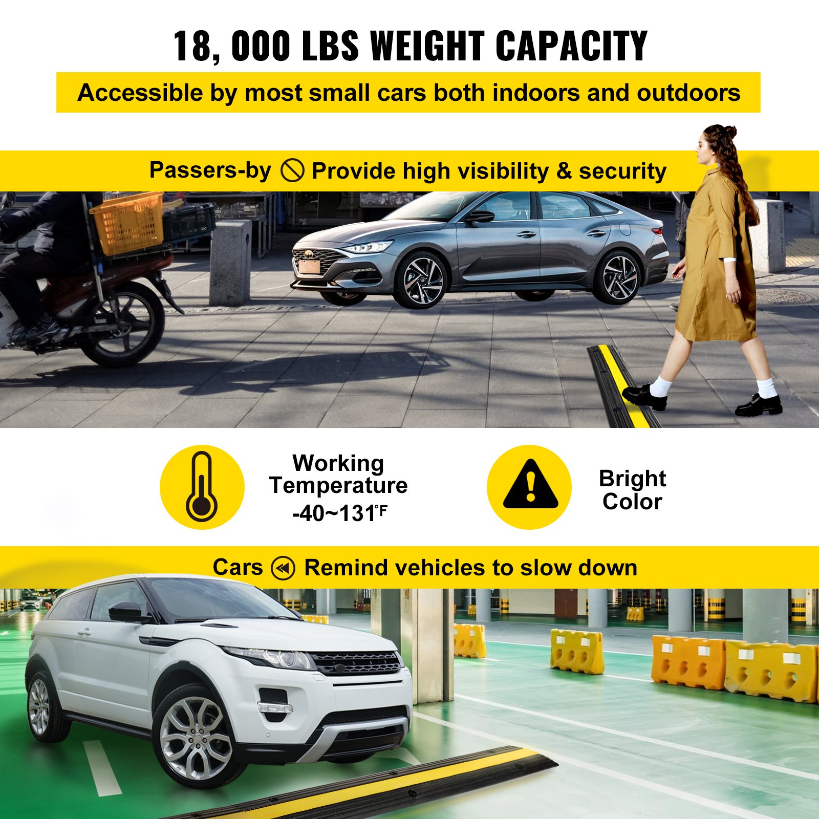 VEVOR Rampa protectora de cables, 4 paquetes de jorobas de velocidad de 1 canal, caucho resistente modular con capacidad de carga de 18000 libras, cable protector para tráfico en la entrada, negro