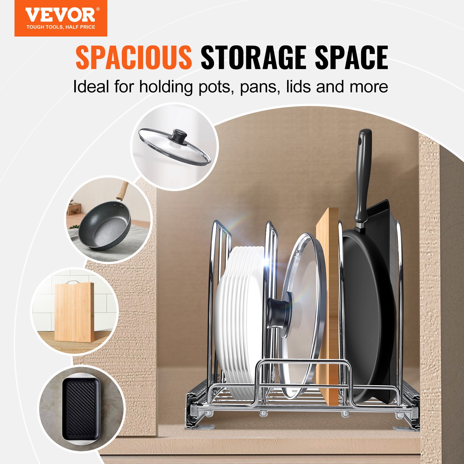 VEVOR Pan and Pot Rack, Expandable Pull Out Under Cabinet Organizer, Cookie Sheet Baking Pans tray Organization, Adjustable Wire Dividers, Steel Lid Holder for Kitchen Cabinet & Pantry Storage,