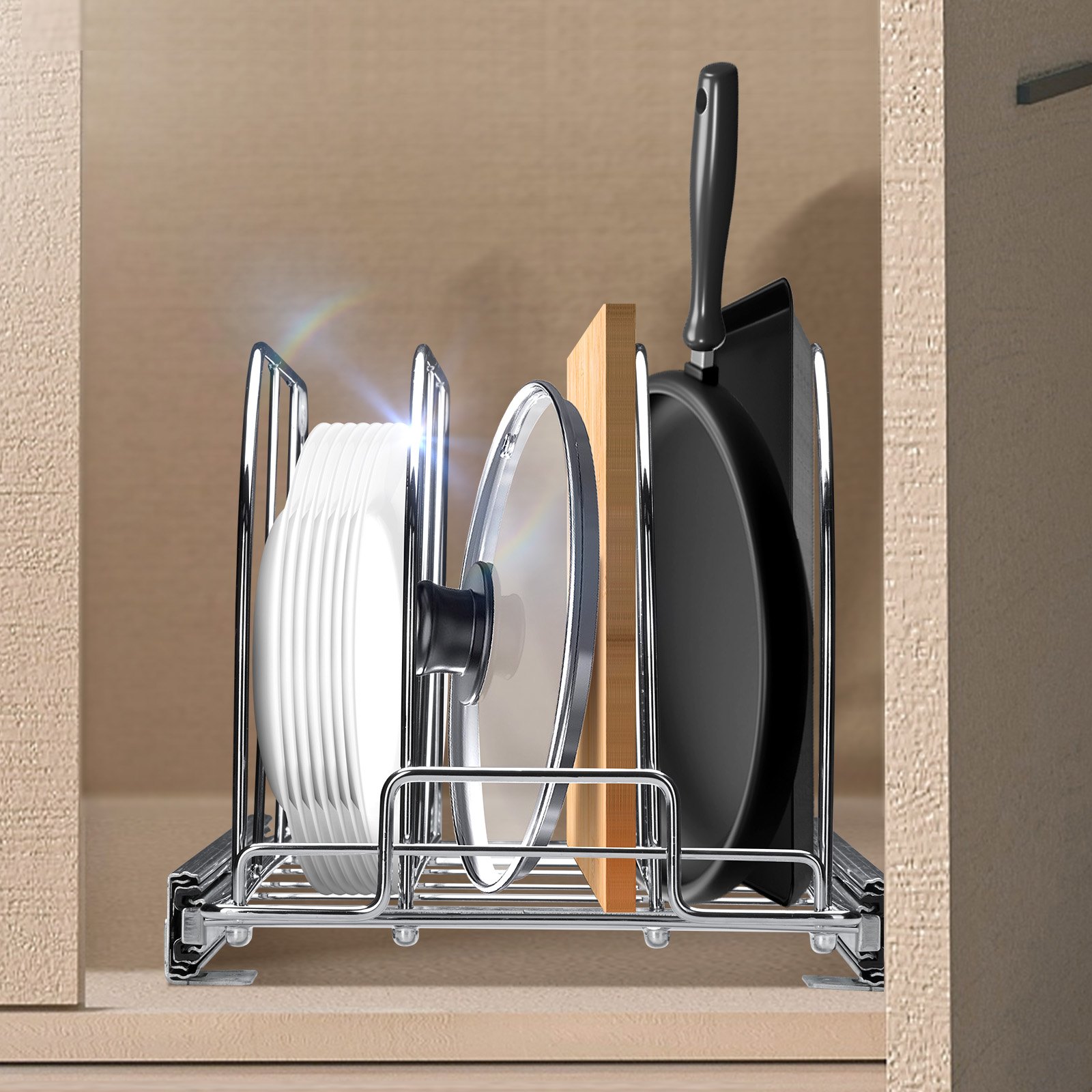 VEVOR Pan and Pot Rack, Expandable Pull Out Under Cabinet Organizer, Cookie Sheet Baking Pans tray Organization, Adjustable Wire Dividers, Steel Lid Holder for Kitchen Cabinet & Pantry Storage,