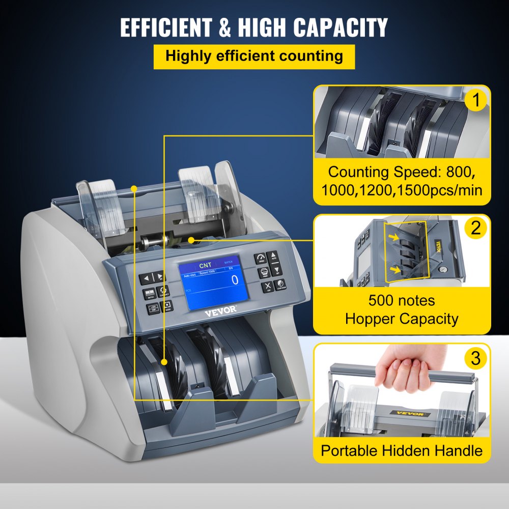 VEVOR Money Counter Machine, Mixed Denominations 2CIS,UV, MG, MT,IR, DB Counterfeit Detections Bill Counter with 8 Working Modes, 800/1000/1200/1500pcs/min with External Display & Printer for Bank