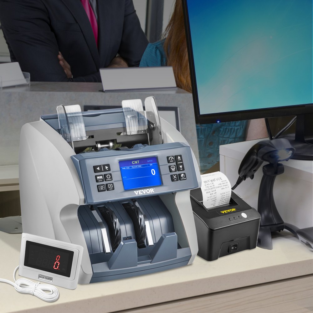 VEVOR Money Counter Machine, Mixed Denominations 2CIS,UV, MG, MT,IR, DB Counterfeit Detections Bill Counter with 8 Working Modes, 800/1000/1200/1500pcs/min with External Display & Printer for Bank