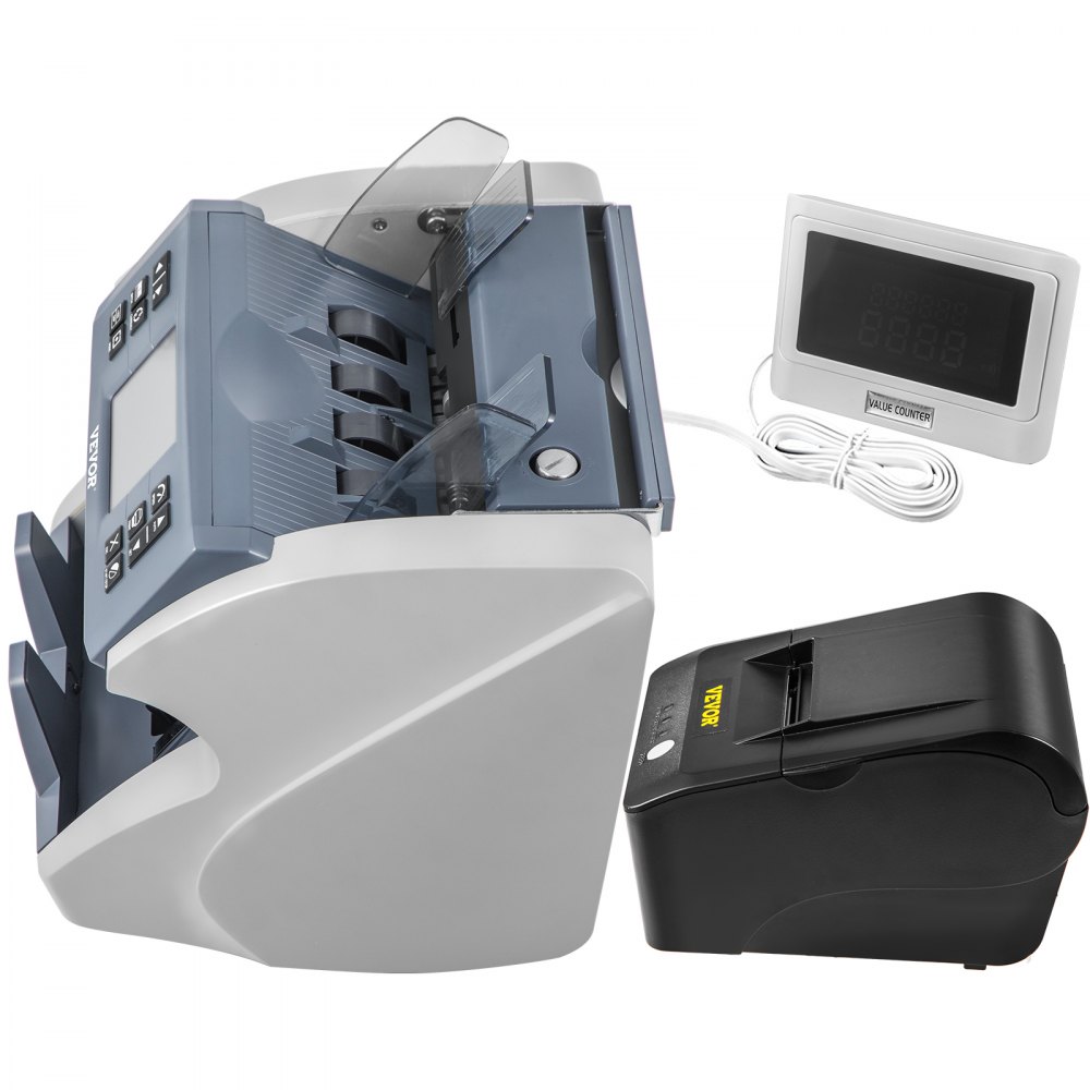 VEVOR Money Counter Machine, Mixed Denominations 2CIS,UV, MG, MT,IR, DB Counterfeit Detections Bill Counter with 8 Working Modes, 800/1000/1200/1500pcs/min with External Display & Printer for Bank