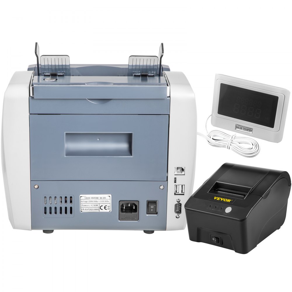 VEVOR Money Counter Machine, Mixed Denominations 2CIS,UV, MG, MT,IR, DB Counterfeit Detections Bill Counter with 8 Working Modes, 800/1000/1200/1500pcs/min with External Display & Printer for Bank