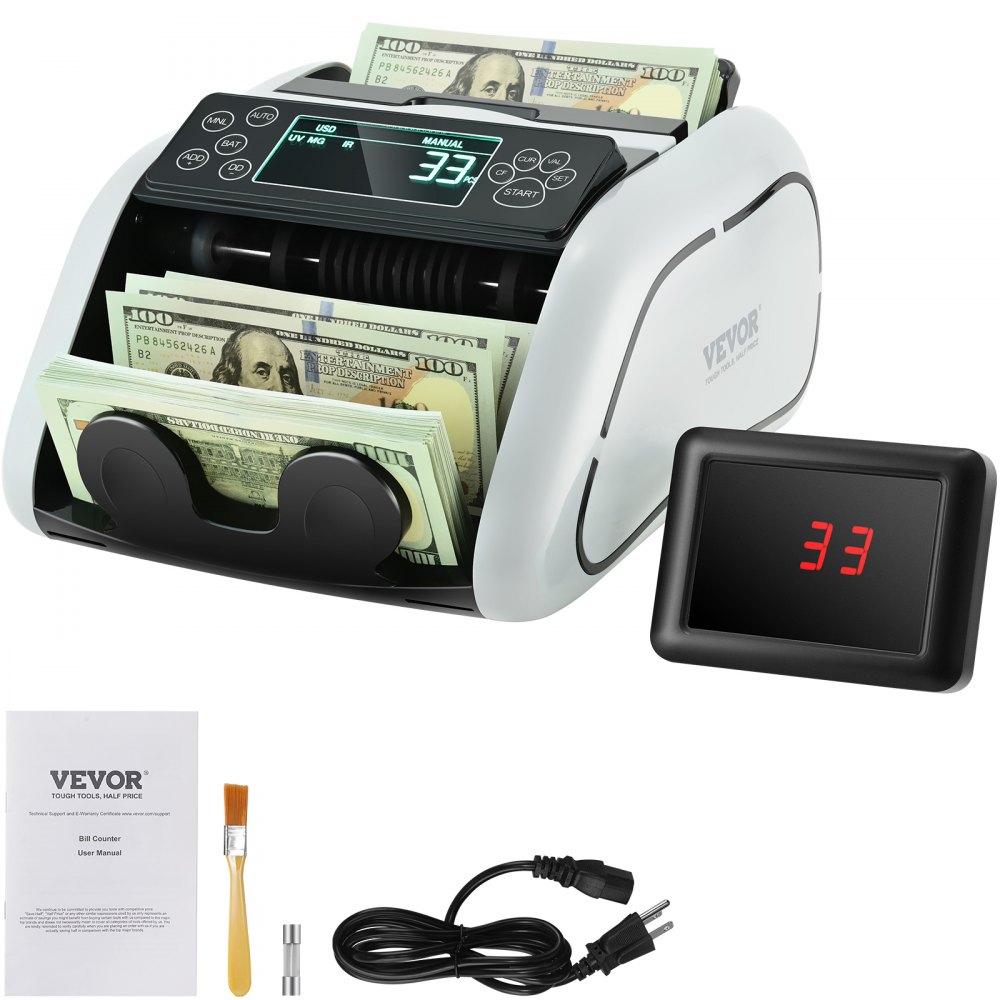 Máquina contadora de dinero VEVOR, contadora de billetes con detección de billetes falsos UV, MG, IR y DD, máquina contadora de efectivo USD y EUR con pantalla LCD grande y pantalla externa para pequeñas empresas