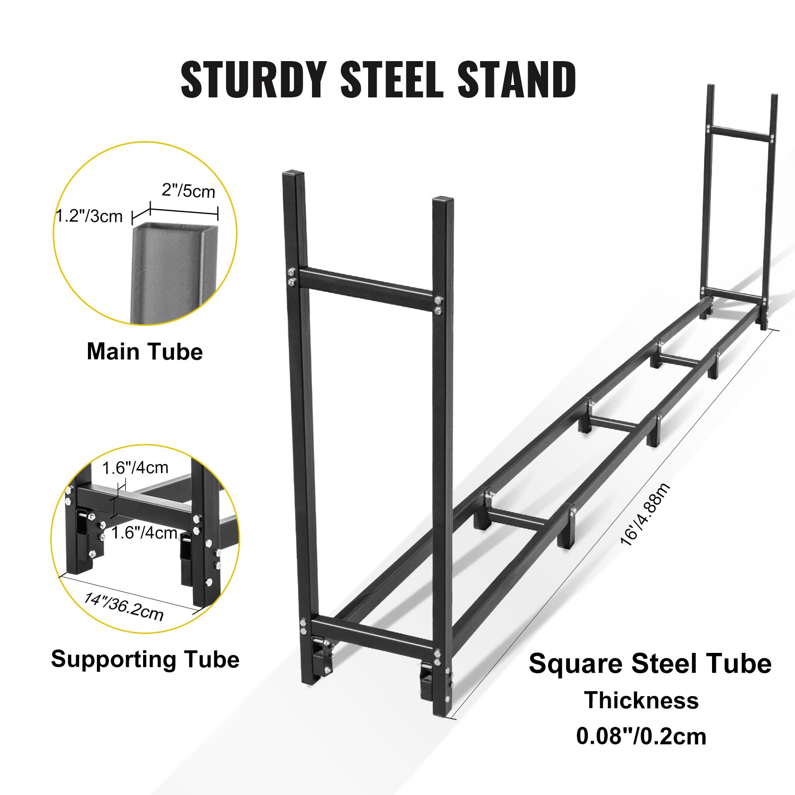 VEVOR Firewood Log Rack Firewood Rack Outdoor 4.8m Black Fire Wood Stand Steel