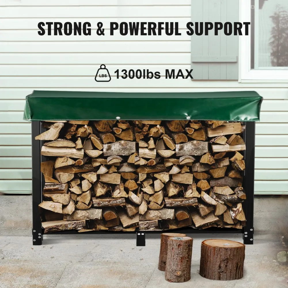 VEVOR Firewood Log Rack, 8ft Firewood Rack Outdoor, Black Firewood Rack stand, Steel Outdoor Wood Rack, Firewood Log Holder with Load Capacity 1300lbs, Firewood Rack with Cover & Fireplace Tool Set