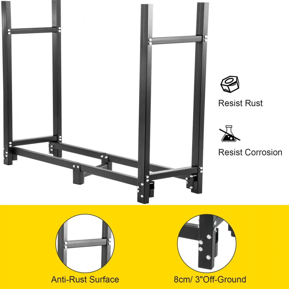 VEVOR Firewood Log Rack, 8ft Firewood Rack Outdoor, Black Firewood Rack stand, Steel Outdoor Wood Rack, Firewood Log Holder with Load Capacity 1300lbs, Firewood Rack with Cover & Fireplace Tool Set