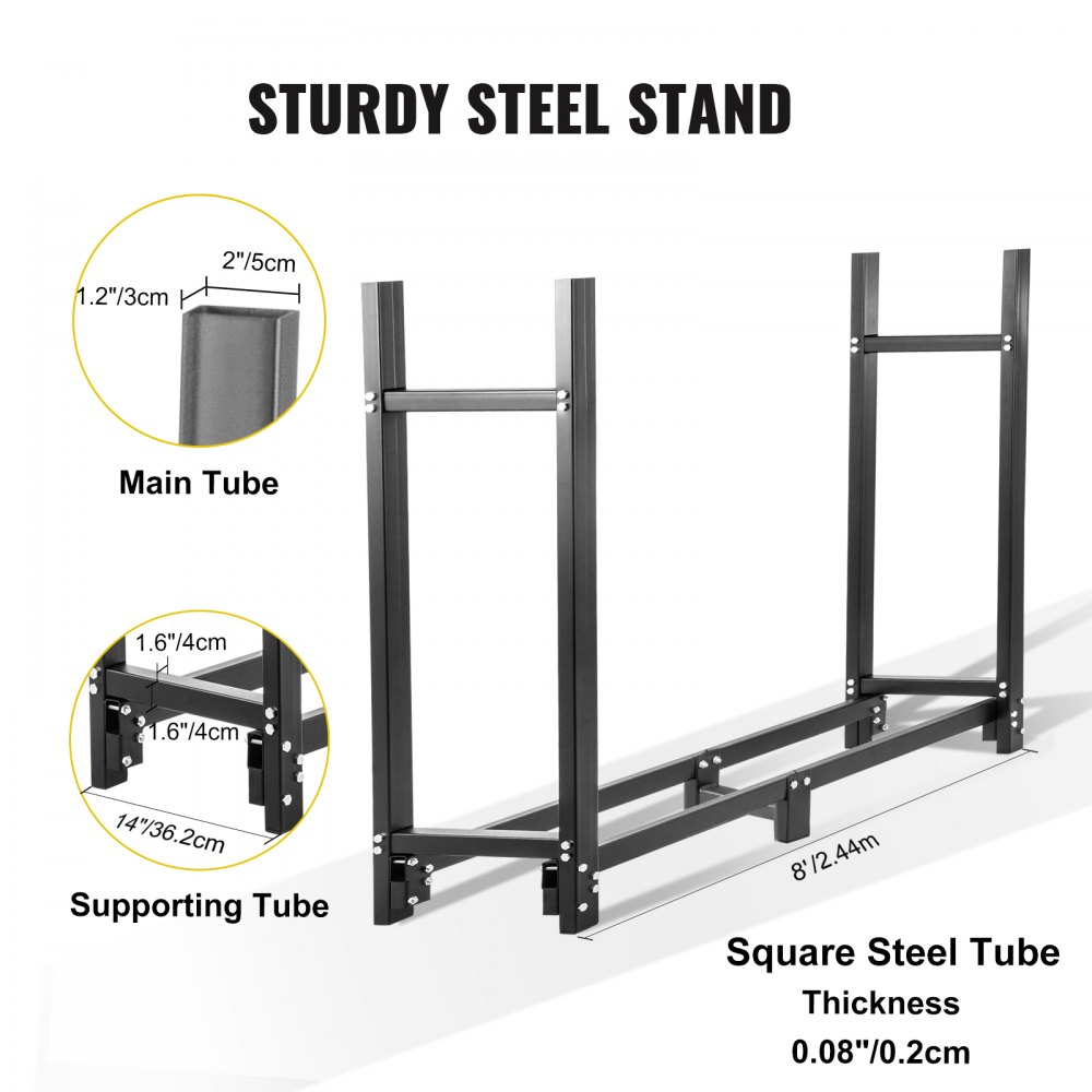 VEVOR Firewood Log Rack, 8ft Firewood Rack Outdoor, Black Firewood Rack Stand, Steel Outdoor Wood Rack, Firewood Log Holder with Load Capacity 1300lbs, Firewood Rack with Cover & Fireplace Tool Set