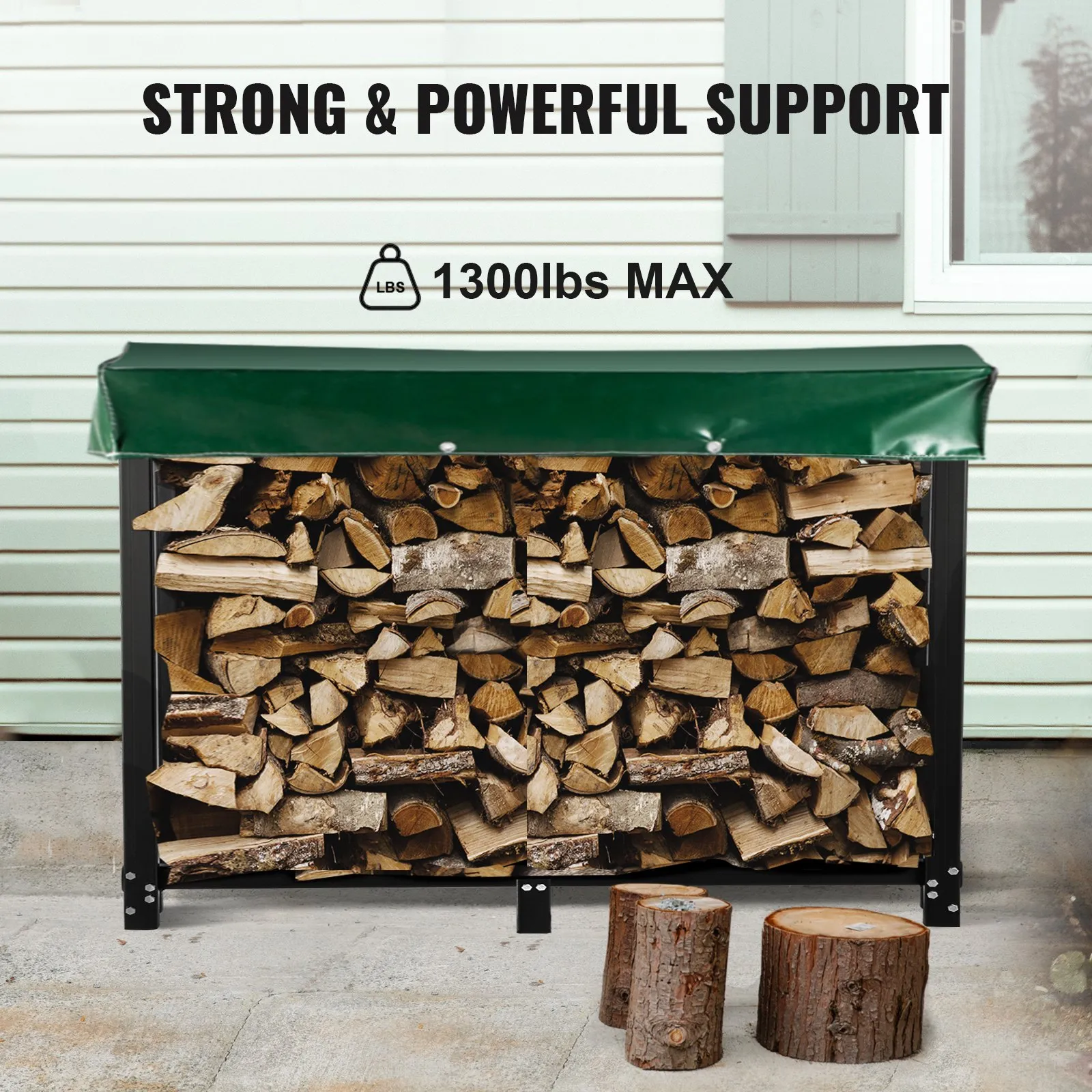 VEVOR Firewood Log Rack, 8ft Firewood Rack Outdoor, Black Firewood Rack stand, Steel Outdoor Wood Rack, Firewood Log Holder with Load Capacity 1300lbs, Firewood Rack with Cover & Fireplace Tool Set