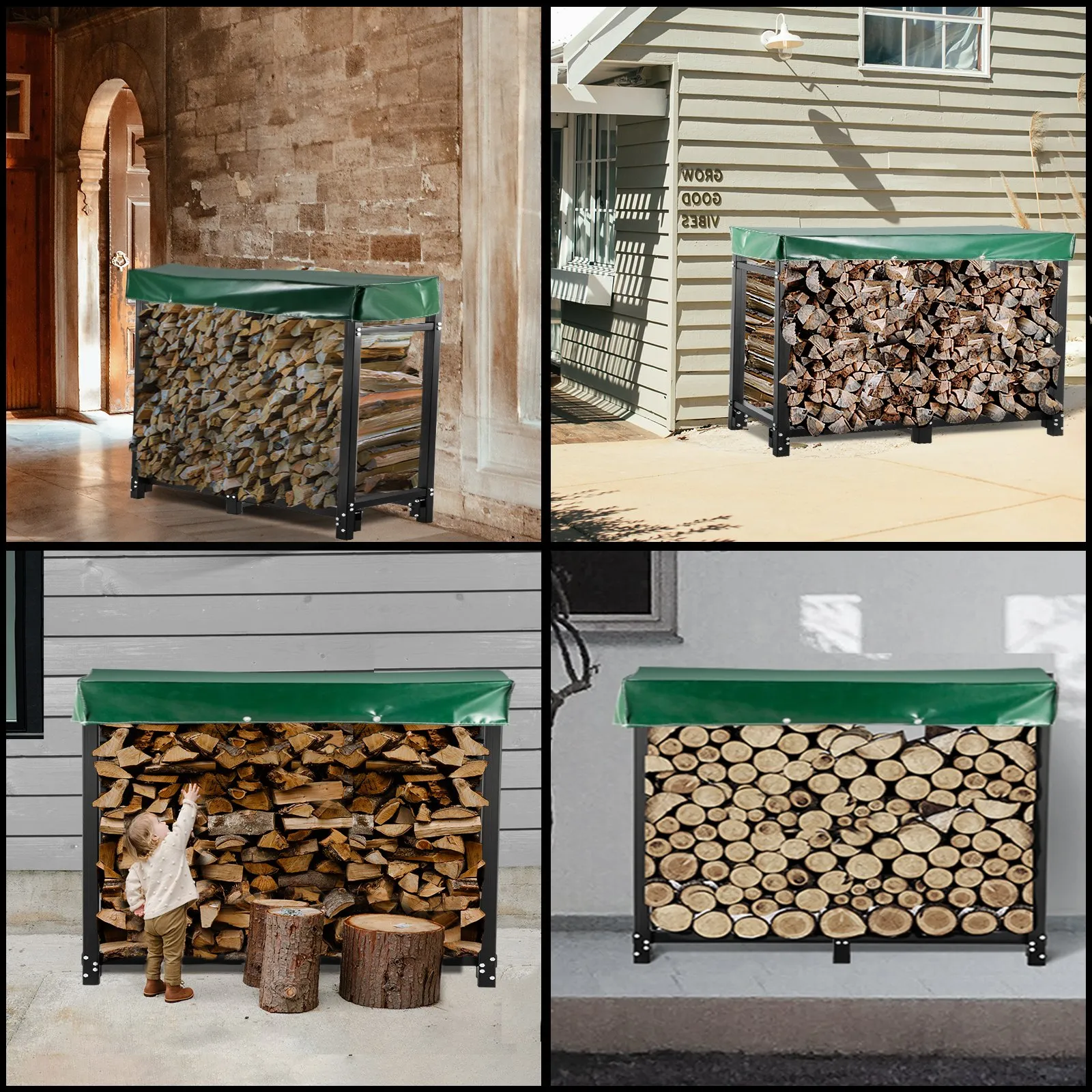 VEVOR Firewood Log Rack, 8ft Firewood Rack Outdoor, Black Firewood Rack stand, Steel Outdoor Wood Rack, Firewood Log Holder with Load Capacity 1300lbs, Firewood Rack with Cover & Fireplace Tool Set