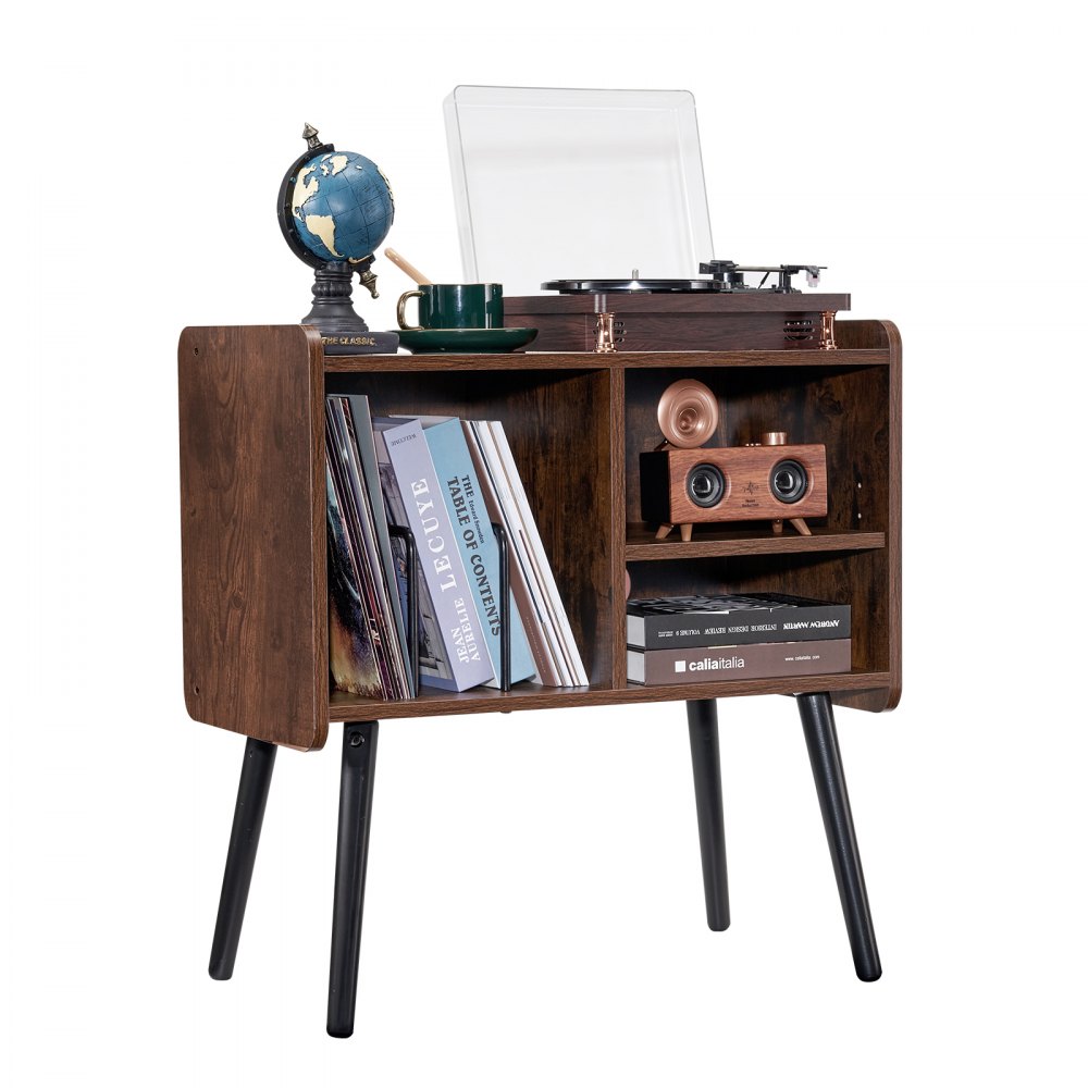 VEVOR Record Player Stand 2-Tier Wooden Turntable Stand 3 Cabinets Black & Brown