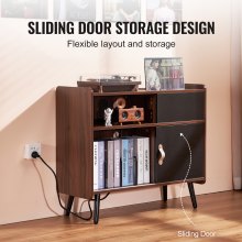 Record Player Stand 3-Tier Wooden Turntable Stand Sliding Door Power Strip