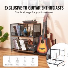 VEVOR 3-Tier Record Player Stand with Guitar Holder, Turntable Stand with Storage Holds Up to 300 Albums, Vinyl Record Cabinet with Metal Mesh Frame for Living Room, Bedroom, Black