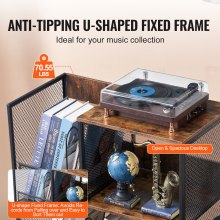 VEVOR 3-Tier Record Player Stand with Guitar Holder, Turntable Stand with Storage Holds Up to 300 Albums, Vinyl Record Cabinet with Metal Mesh Frame for Living Room, Bedroom, Black