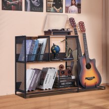 VEVOR 3-Tier Record Player Stand with Guitar Holder, Turntable Stand with Storage Holds Up to 300 Albums, Vinyl Record Cabinet with Metal Mesh Frame for Living Room, Bedroom, Black