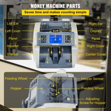 VEVOR pengemaskine, pengetæller med blandede pålydende værdier, 5 falske registreringer regningstæller, 8 arbejdstilstande pengeautomat, 800/1000/1200/1500 stk./min. seddeloptællingsmaskine m/ printer til bank