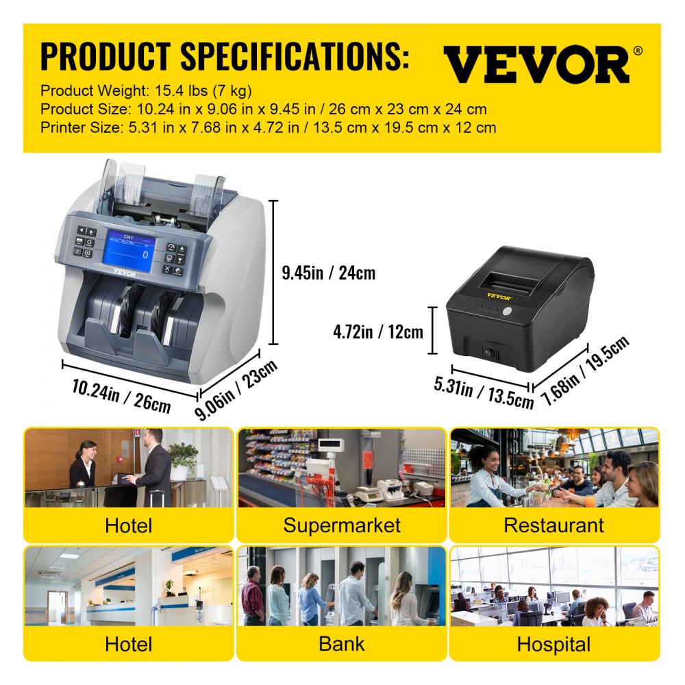 VEVOR Money Machine, Mixed Denominations Money Counter, 5 Counterfeit Detection Small Bill Counter, Multiple Working Modes Cash Machine, 800/1000/1200/1500pcs/min Note Counting Machine for Bank
