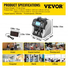 VEVOR Money Counter Machine, 2-Pocket Mixed Denomination Bill Counter with UV, MG, MT, IR, DB and 2 CIS Counterfeit Detections, Cash Counting Machine w/ Reject Pocket & External Display for Bank