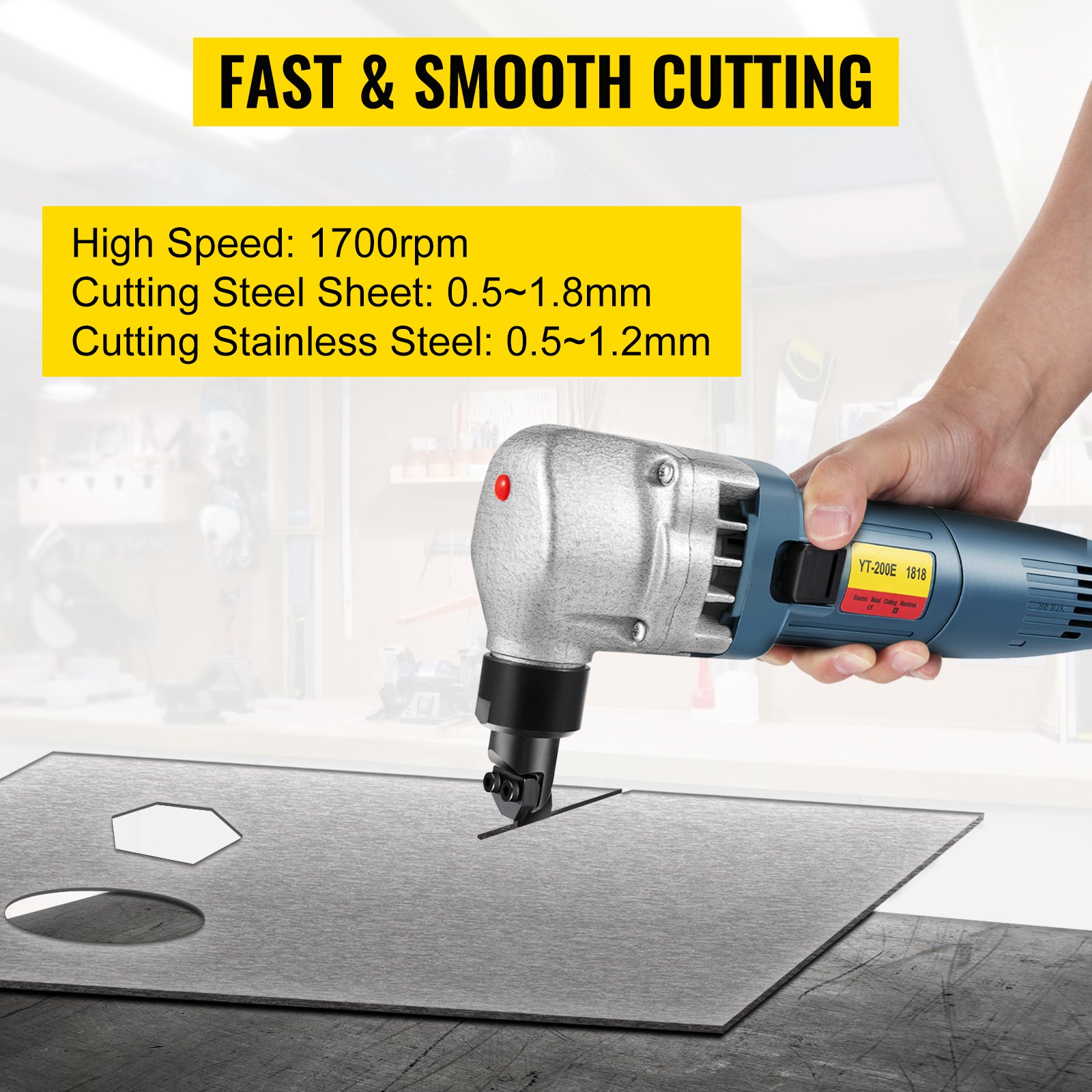 VEVOR Electric Sheet Metal Cutter, 380W Power, 1800RPM Rotor Speed, 0.07in/1.8mm Cutting Capacity, Includes Replacement Blades and Storage Case, Ideal for Stainless Steel, Aluminium, Plastic
